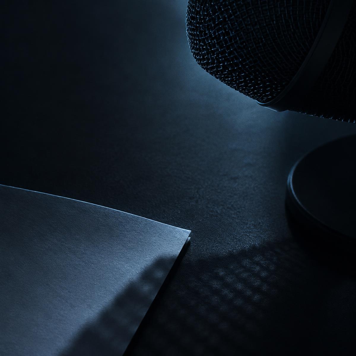 Temporary editorial placeholder: a microphone and paper in soft blue light